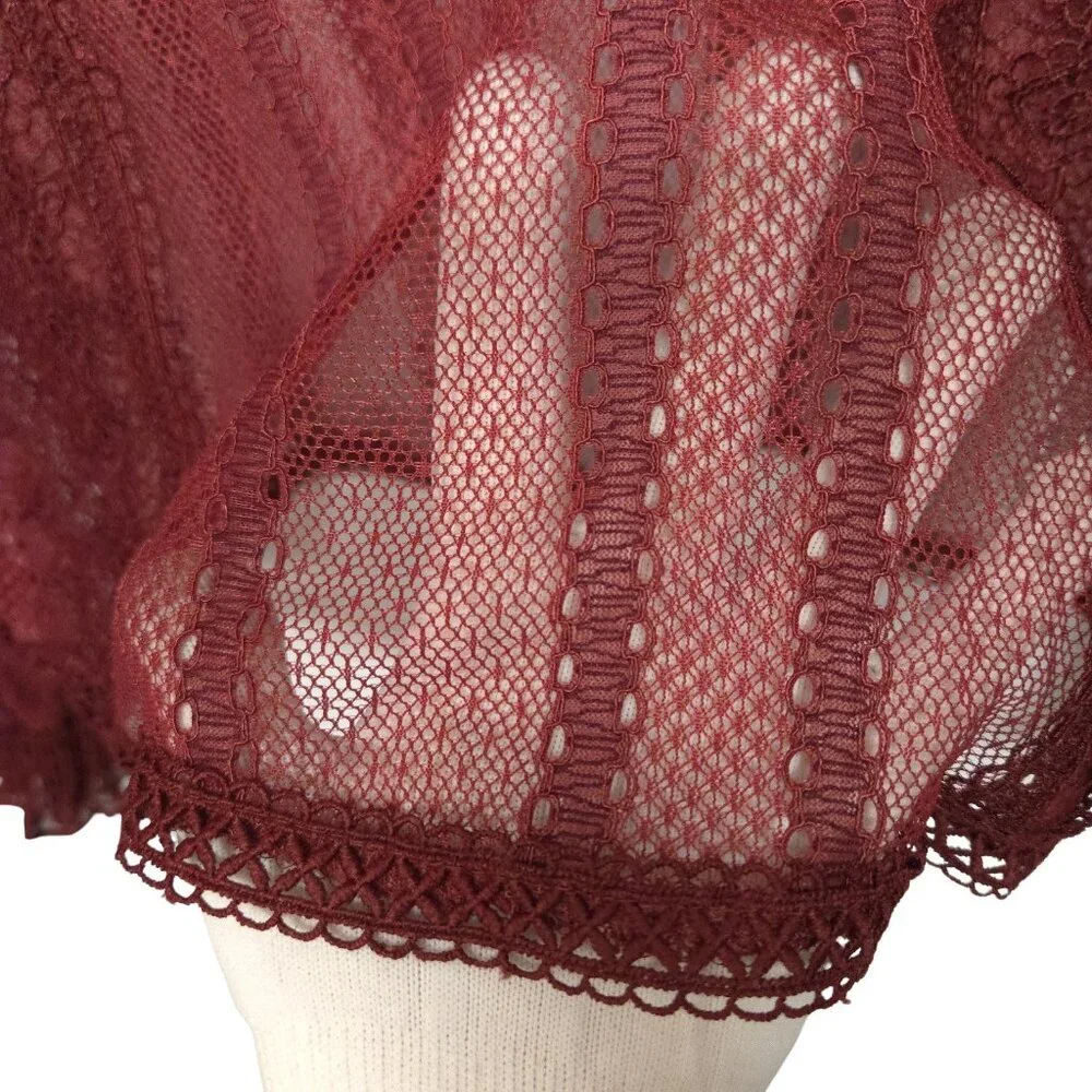 Zara Sheer Lace Blouse S Smocked Ruffle Burgundy Red Boho Romantic Whimsigoth - Picture 9 of 15